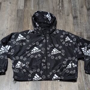 Adidas Cropped Oversized Black Hooded Windbreaker with White Logo Print